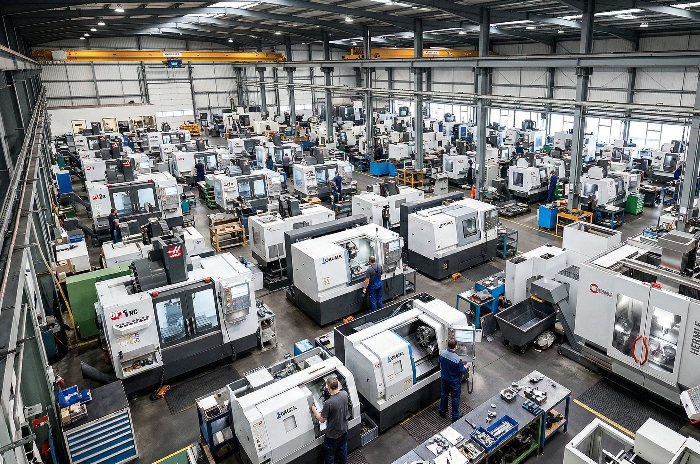 Manufacturing plant floor with CNC machines and technicians